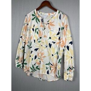 Liz Claiborne Linen Blend Tunic TopSplit Neck Colorful Floral Roll Tab Sleeves L